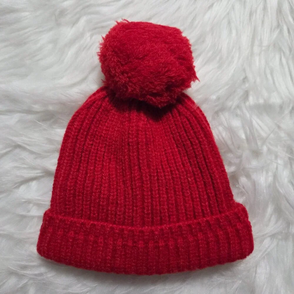 Baby Knit Red Beanie w/ PomPom